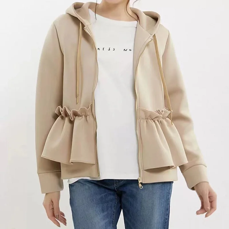 Autumn Zip Up Hoodies Women Korean Style Ruffles Patchwork Sweatshirt Cardigan Woman Japanese Hooded Sweatshirts Coats Jackets