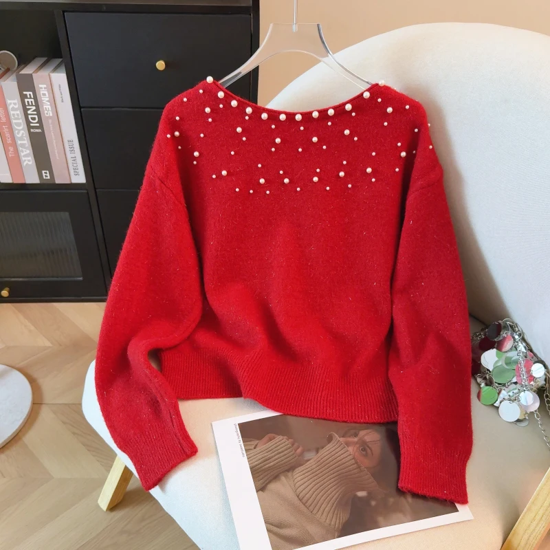 

Винтажный вязаный свитер с бисером, женский пуловер, весна 2026, трикотажные топы с длинными рукавами и круглым вырезом, стильный элегантный модный шикарный джемпер