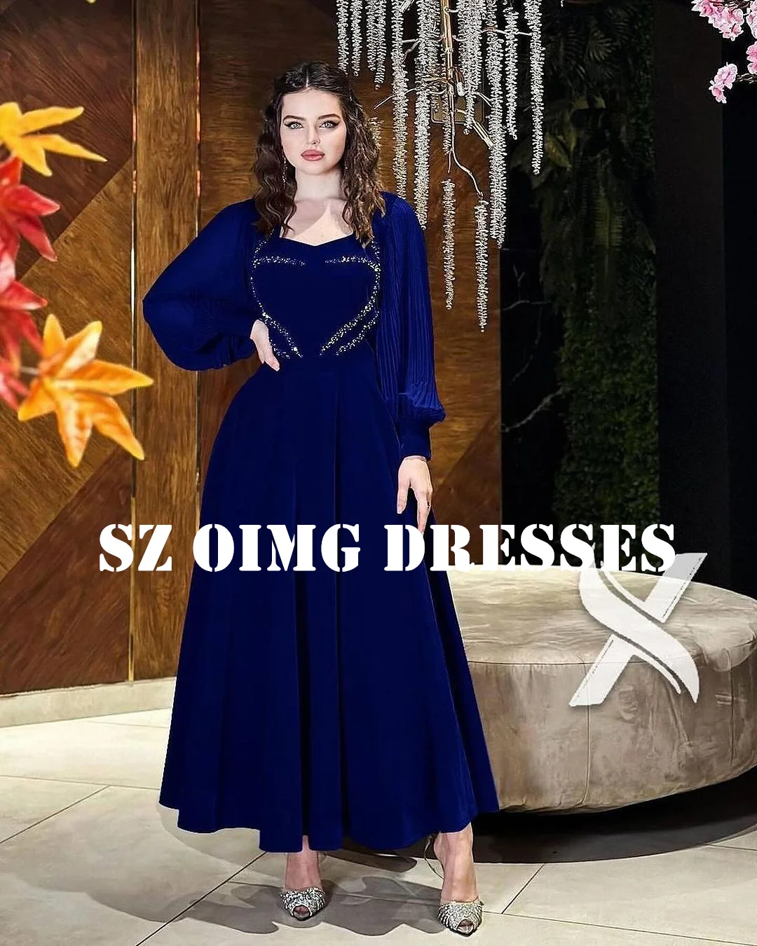 

OIMG New Design Prom Dresses Puff Sleeves Saudi Arabic Women A-Line Beading Velvet Corset Evening Gowns Formal Party Dress