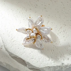May@RZ Elegant Pearl Inset Stainless Steel Flora Ring For Women's Fashion Jewelry 14k Gold Plated Open Ring Daily Wear