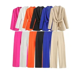 PB&ZA 2024 Early Autumn New Women's Fashion Belt Dress Collar Suit Jacket Slim Straight High Waist Pants Set