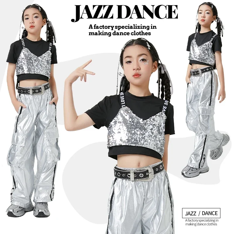 

2025 Kpop Outfit Hip Hop Performance Costumes Children's Jazz Dance Clothes Girls Streetwear Stage Silver Glitter Suit XH2370