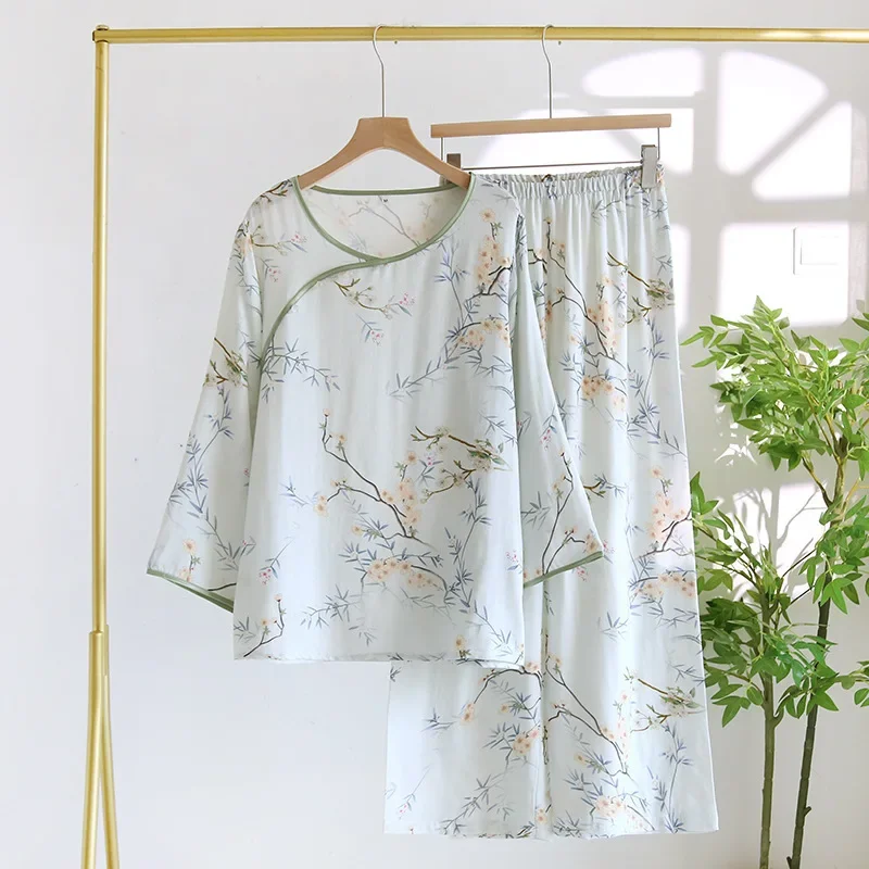 

Домашняя одежда в китайском стиле в стиле ретро, женские весенние новые пижамы из двух предметов из бамбукового волокна, ночная рубашка, женская одежда для сна, свободные пижамные комплекты