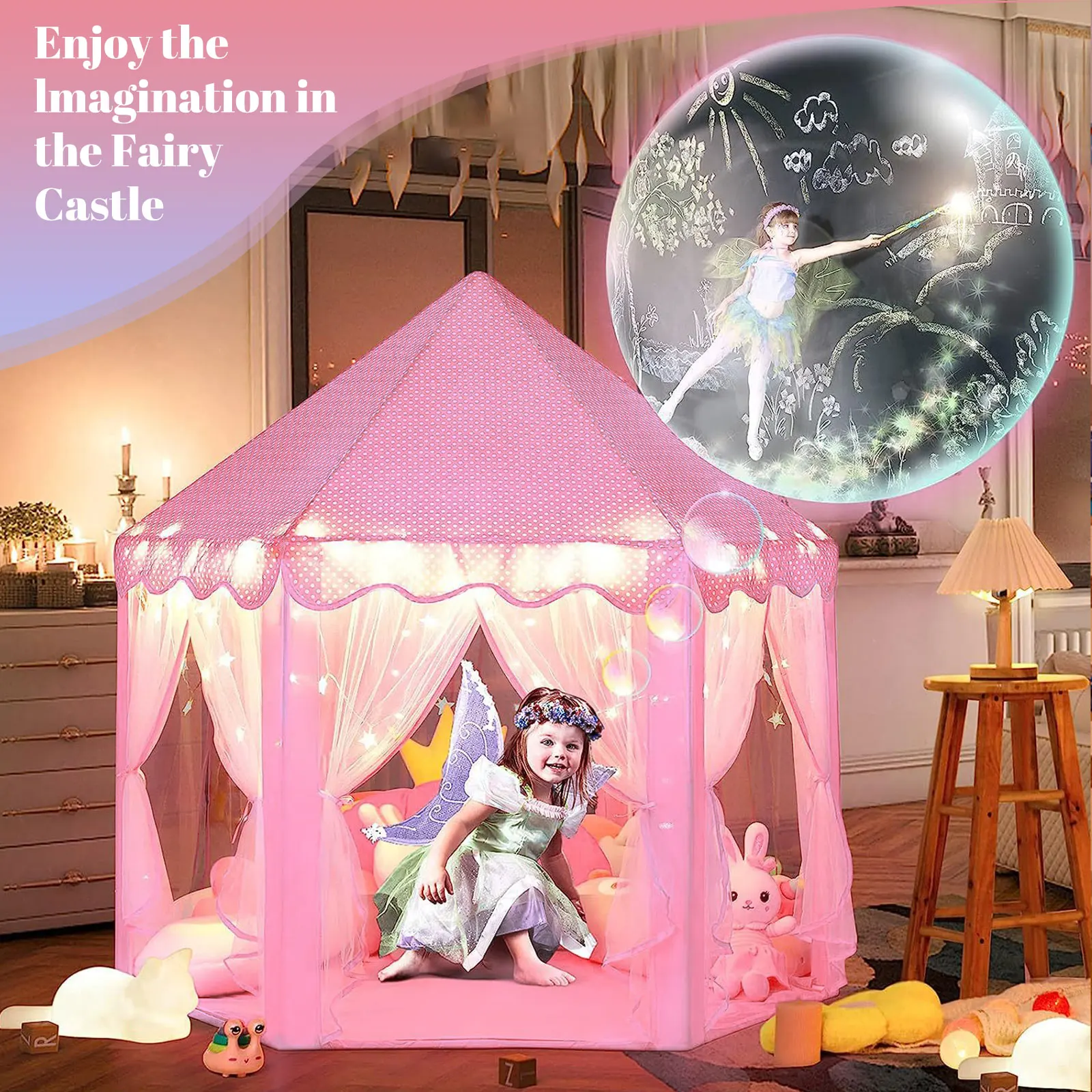 Kids Outdoor Play Table - Kids Princess Play Tent Pink Hexagonal