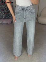 Streetwear Fashion Rhinestone Denim Pants Women Solid High Waist Zipper Button Loose Jeans 2025 High Street Straight Trousers