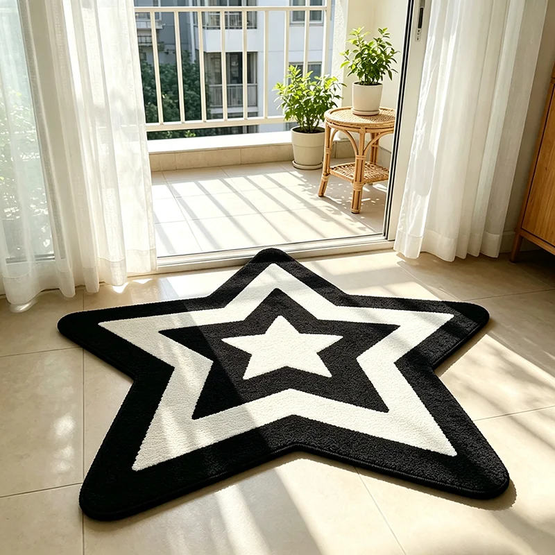 Black‑White Pentagram Irregular Rug Minimalist Geometric Star Floor Mat Soft Plush Carpet for Living Room Bedroom Bedside
