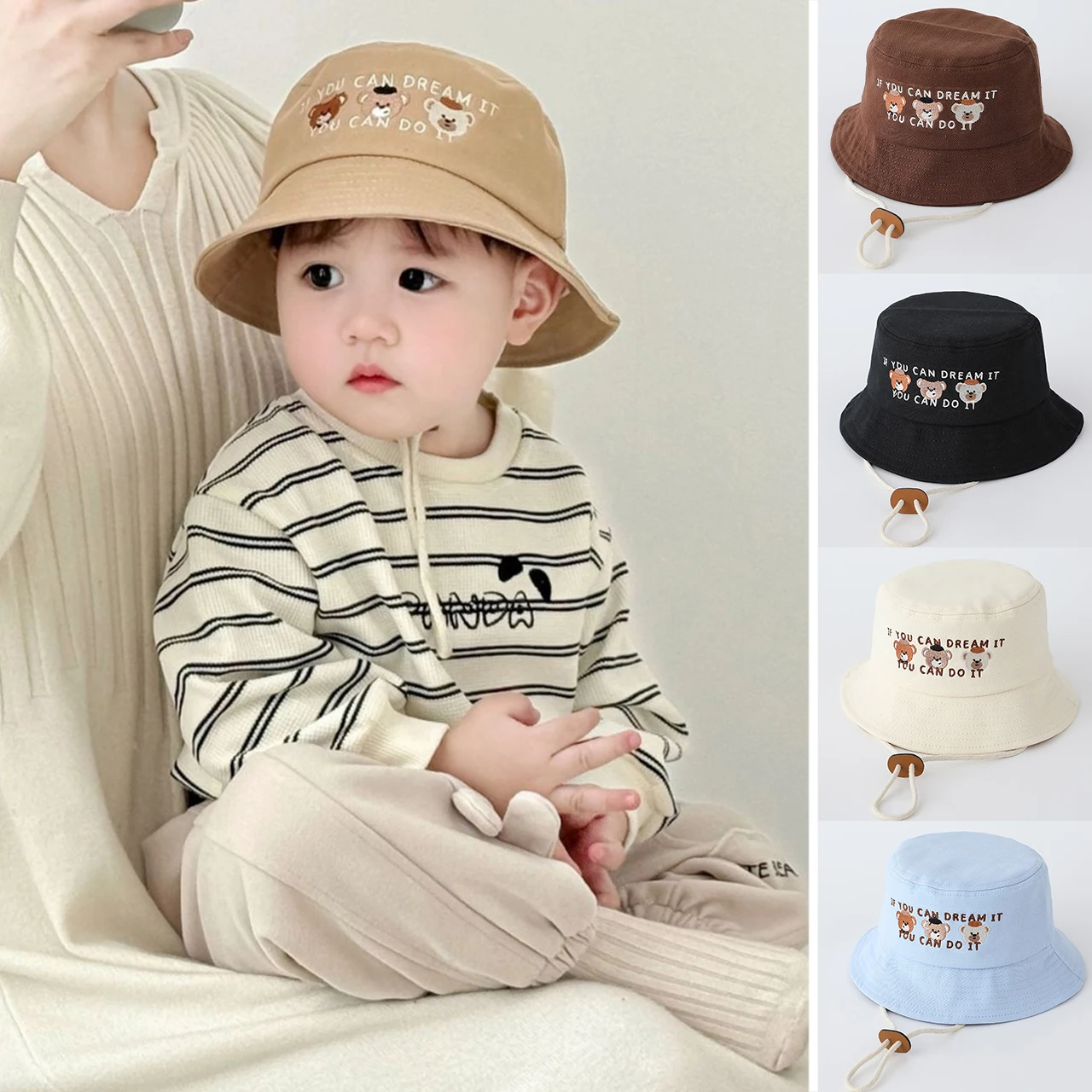 

Cartoon Bear Fisherman Cap Children Wide Brim Bucket Hat 1-3Year Boys Girls Outdoor Sun Protection Visors Cute Baby Basin Caps