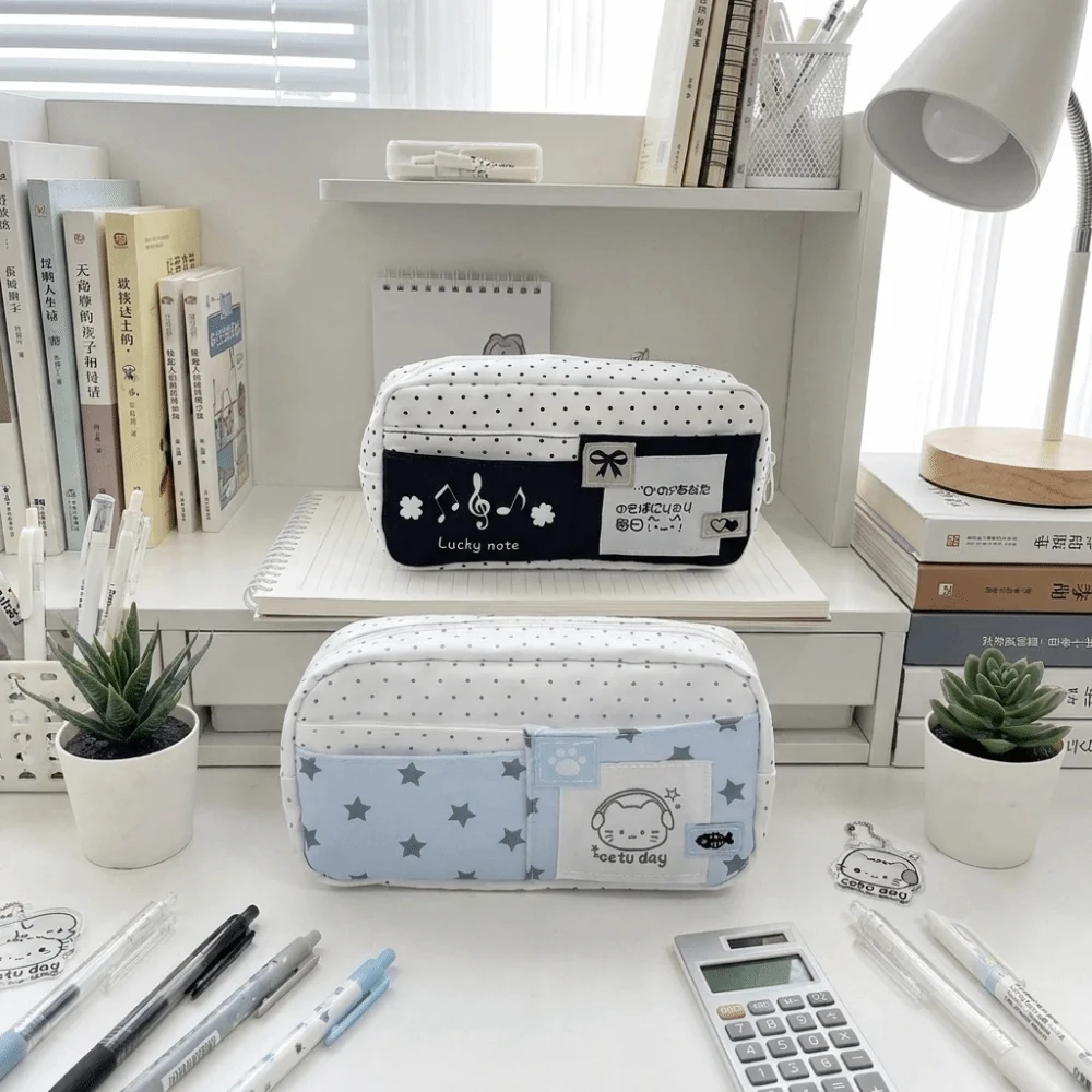 Polka Dot Cat Pattern Pencil Case Large Capacity Cute Multi-Layer Pen Bag Stylish Practical Stationery Organizer Students