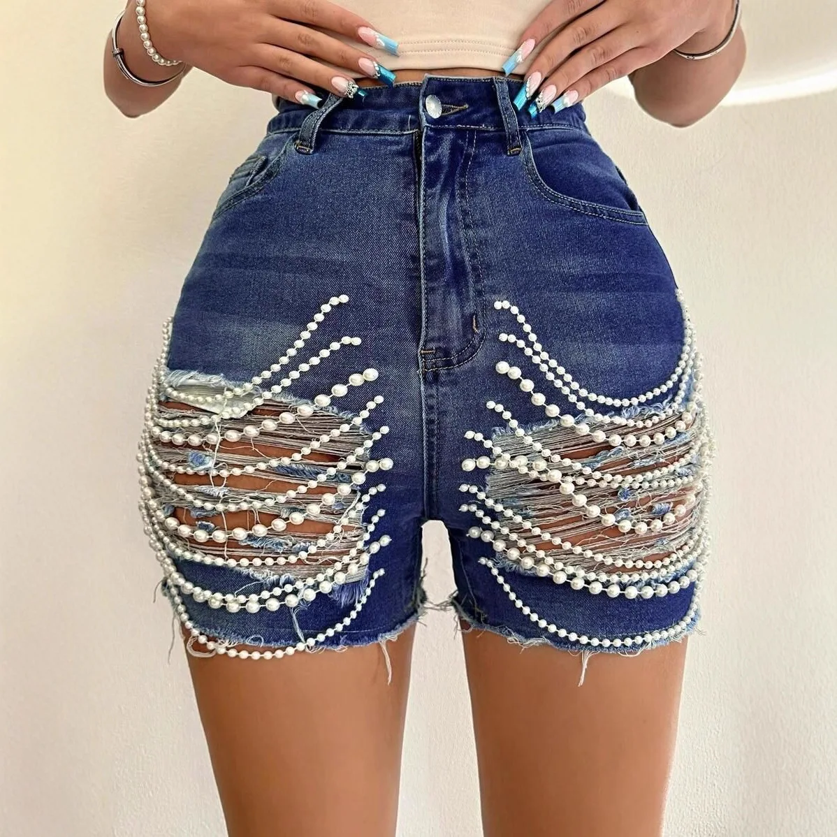 Women's Bold Pearl Chain Cutout Denim Shorts High Waist Party Shorts