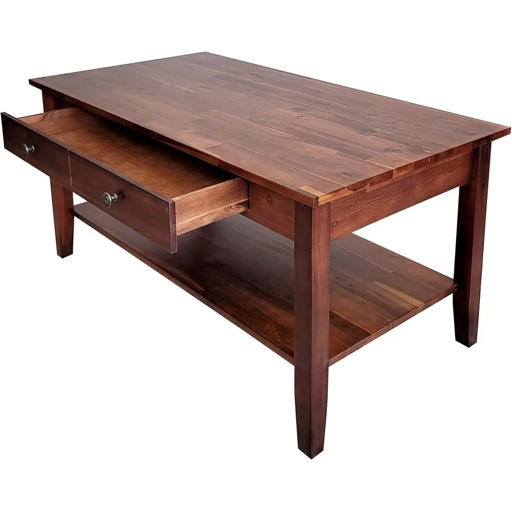 Acacia Solid Wood Coffee Table with Drawer and Bottom Shelf
