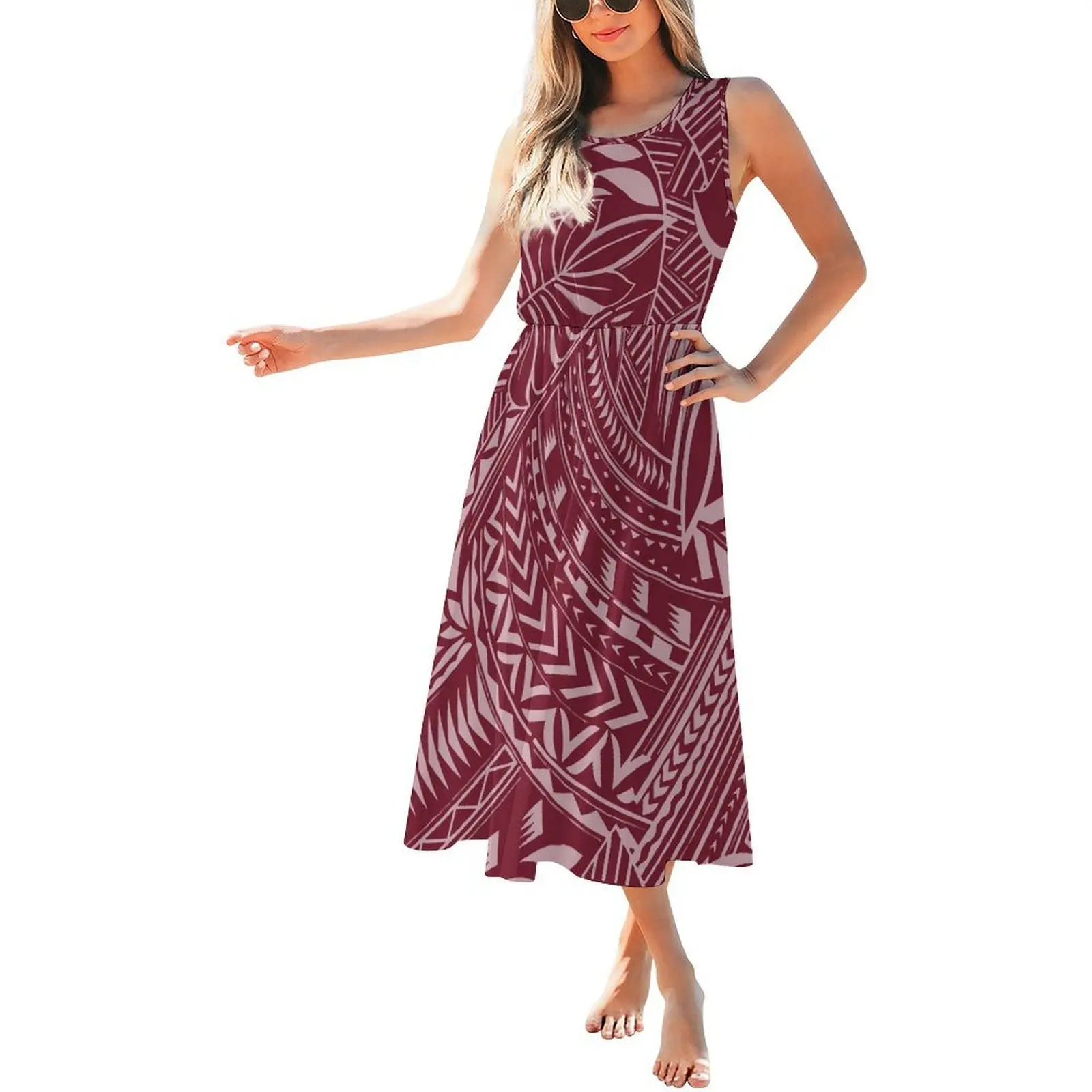 Polynesian Custom-Made Dress With A Round-Neck Sleeveless Cinched Waist And High-Quality Patterned Design For Women
