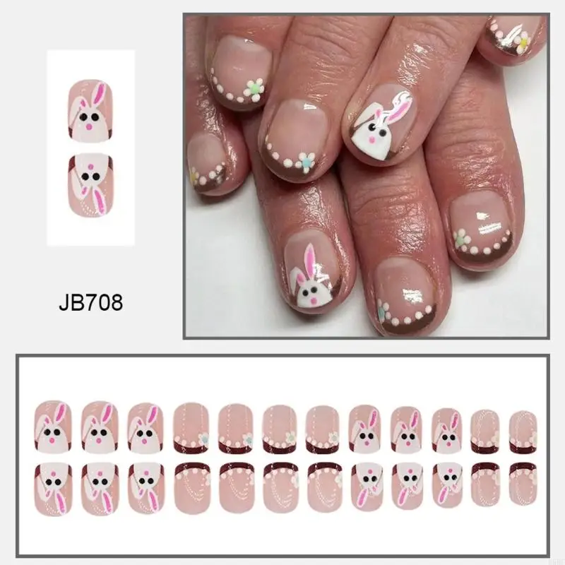 

D5BF 24 Pieces Easter False Square Rabbit Press on Manicure Art Easy Application for Women and Girls