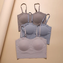 1Pc/3Pcs/Pack Hot Sale Ice Silk Removable Padded Crop Top Spaghetti Straps Sleeveless Bralette Wireless Seamless Bras Ladies Bra