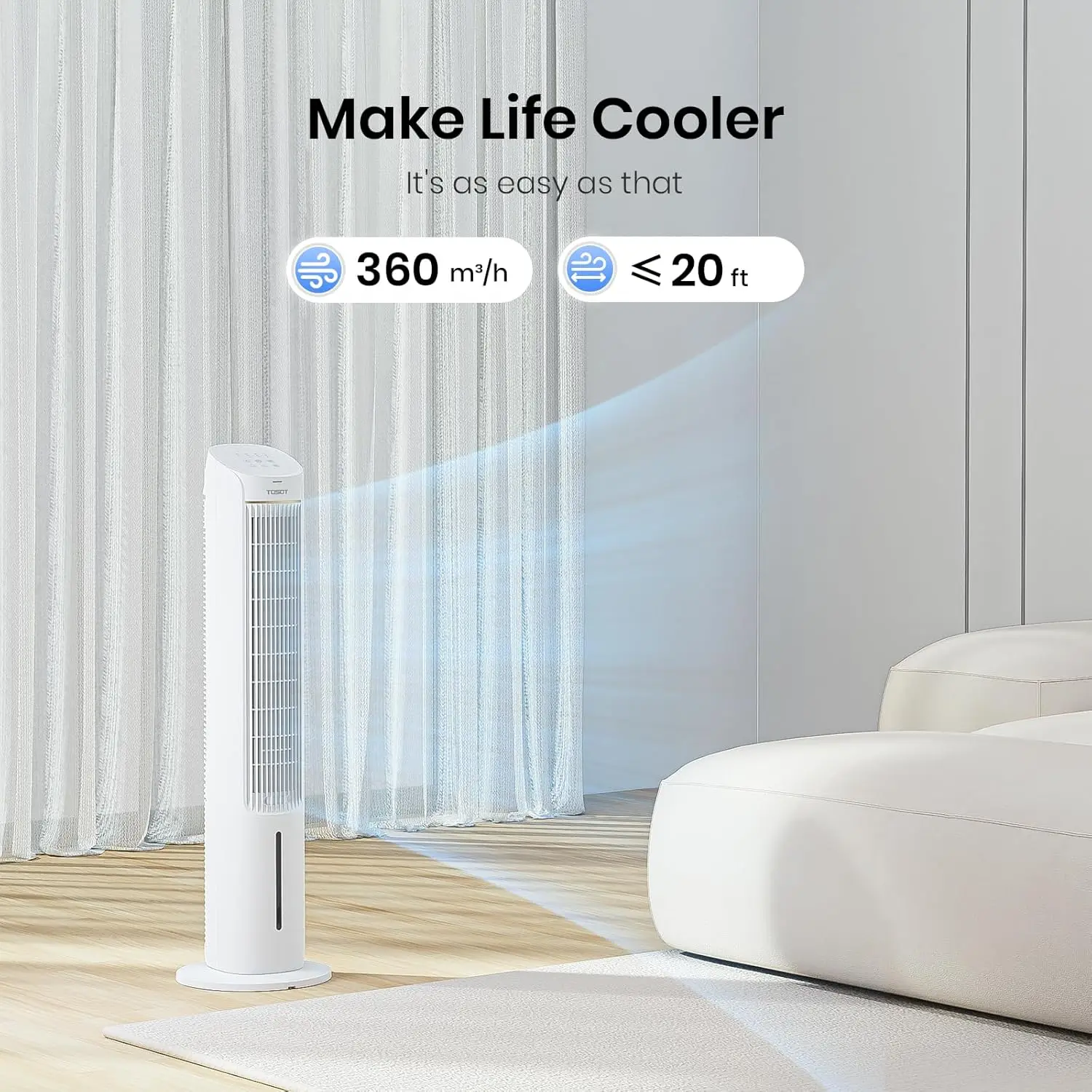 

Tower Fan Oscillating 80°, Cooling Fan with 2 Ice Packs, CFM 360m³/h, 3 Speed Quiet Fan with Remote Control, 7 Hours Timer