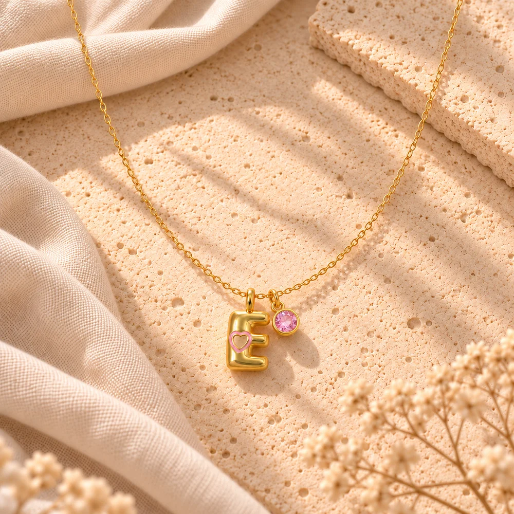 Initial Charm Gold Plated Letter Necklace for Women Men Heart Cutout Pink Cubic Zirconia Small Dangle Chain Daily Wear Accessory
