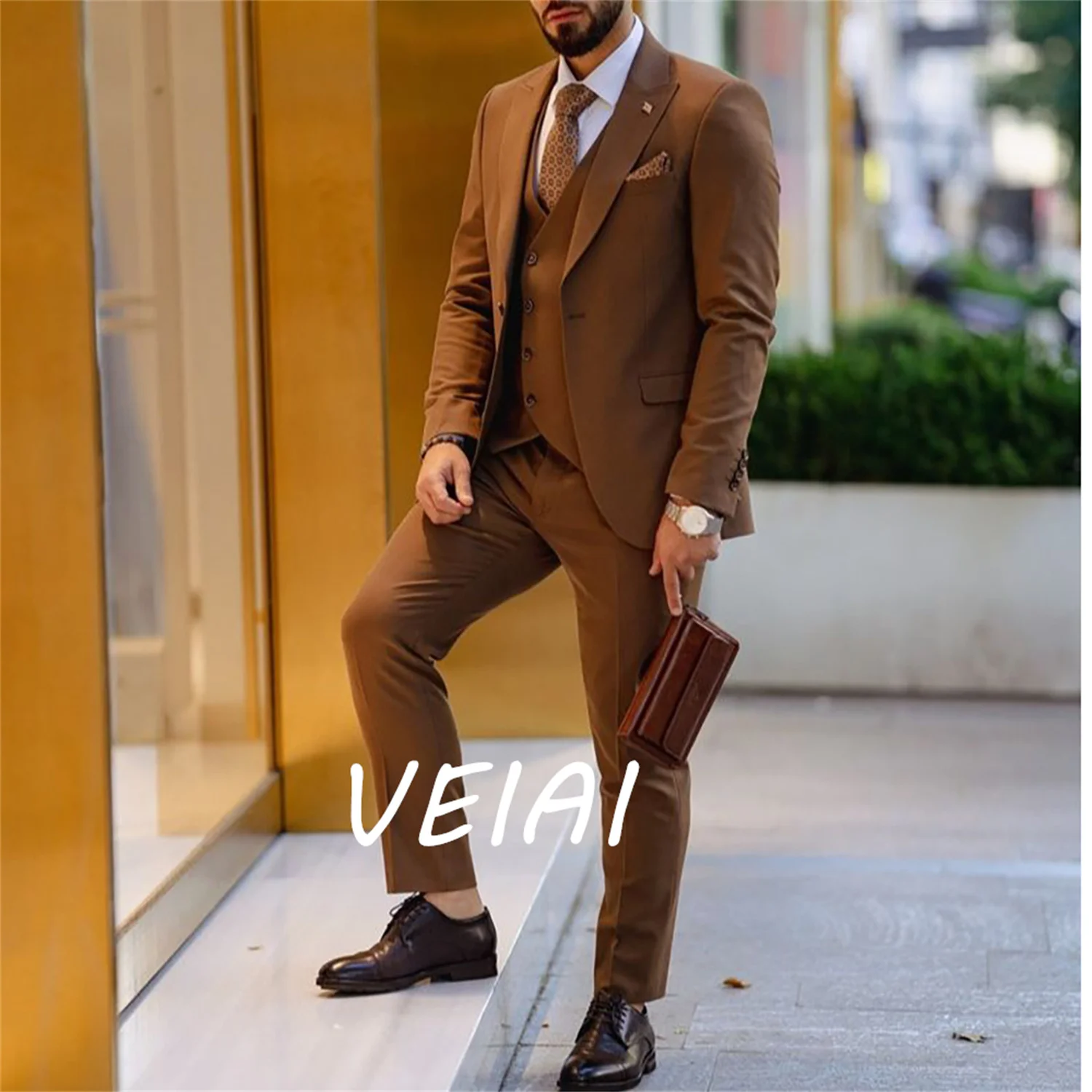 

Blazer High Quality Brown Male Tuxedo Wedding Business Spring Autumn Men's Suits 3 Pieces Jacket+Pants+Vest Trajes De Hombre