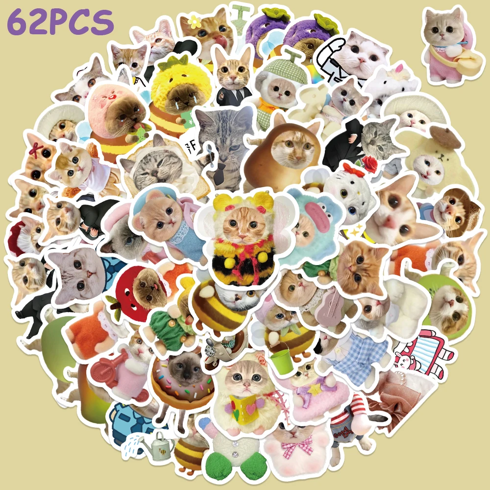 62pcs Cute Versatile Cats Stickers Cartoon Graffiti Decals For Kids Laptop Skateboards Luggage Bicycle Children Toys Sticker