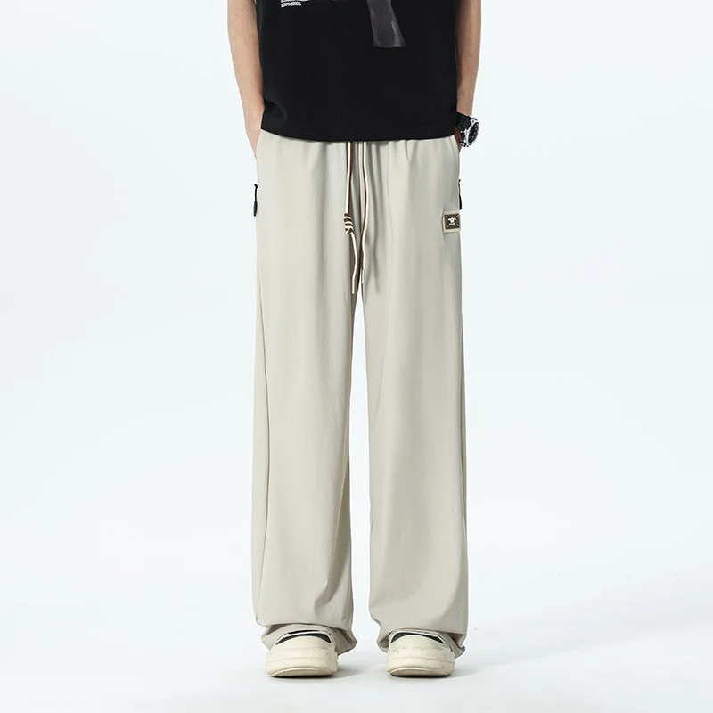 여름 남성 드로스트링 아이스 실크 팬츠 솔드 컬러 얇은 속건 스트레이트 레그 스포츠 조거 트라우저 남성 플러스 사이즈 7XL 8XL