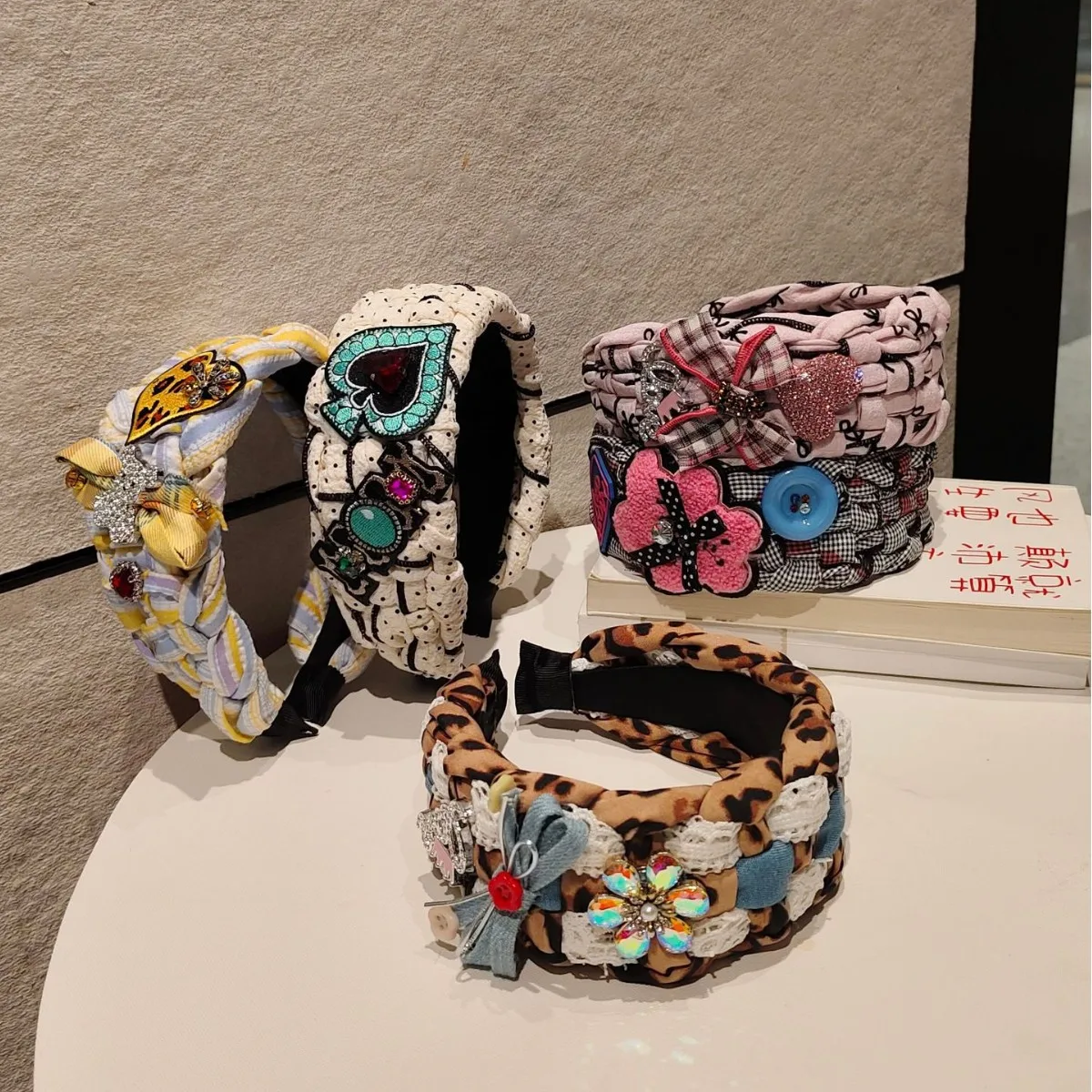 Polka dot striped leopard print heavy industry woven high cranial top wide edge headband retro light luxury high sense headgear