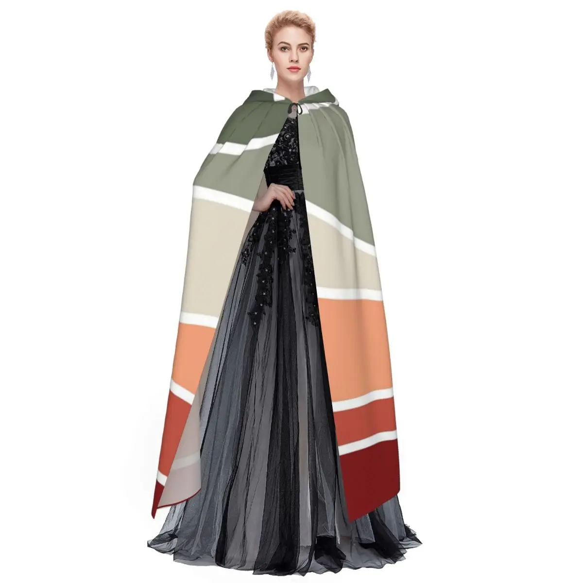 الأخضر والأحمر تصميم الرجعية نمط طويل مقنعين عباءة الساحرة القرون الوسطى زي تأثيري كيب HalloweenParty الكبار للجنسين