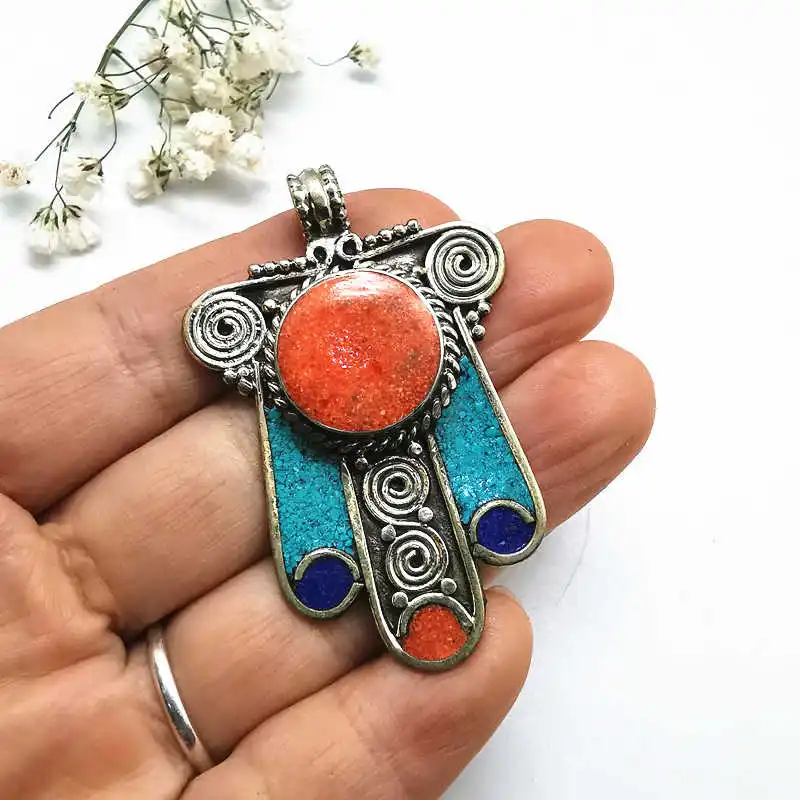 TBP338 Tibetan Buddha Hand Amulet Pendants White Metal Copper Inlaid Colorful Stone Vintage Pendant