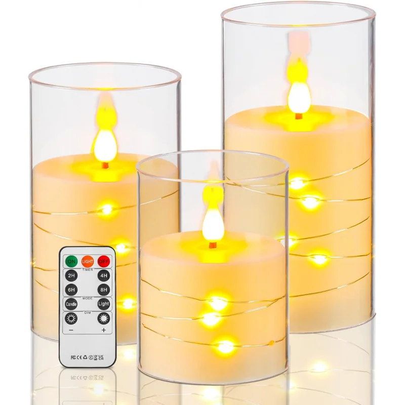 

3 Pack Acrylic LED Flameless Candles with Remote Timer Star String Lights Battery Operated for Home Holiday Wedding Party Decor