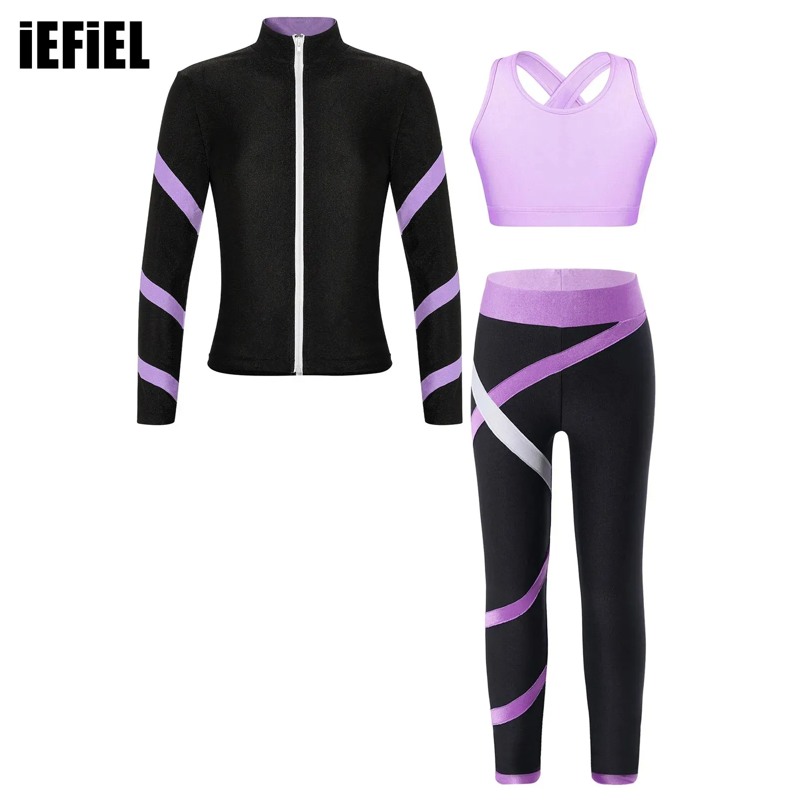 

Kids Girls Workout Outfit Tracksuit Cross Keyhole Back Vest Contrast Color Stripe Sport Tops Colorblock Pants for Yoga Running