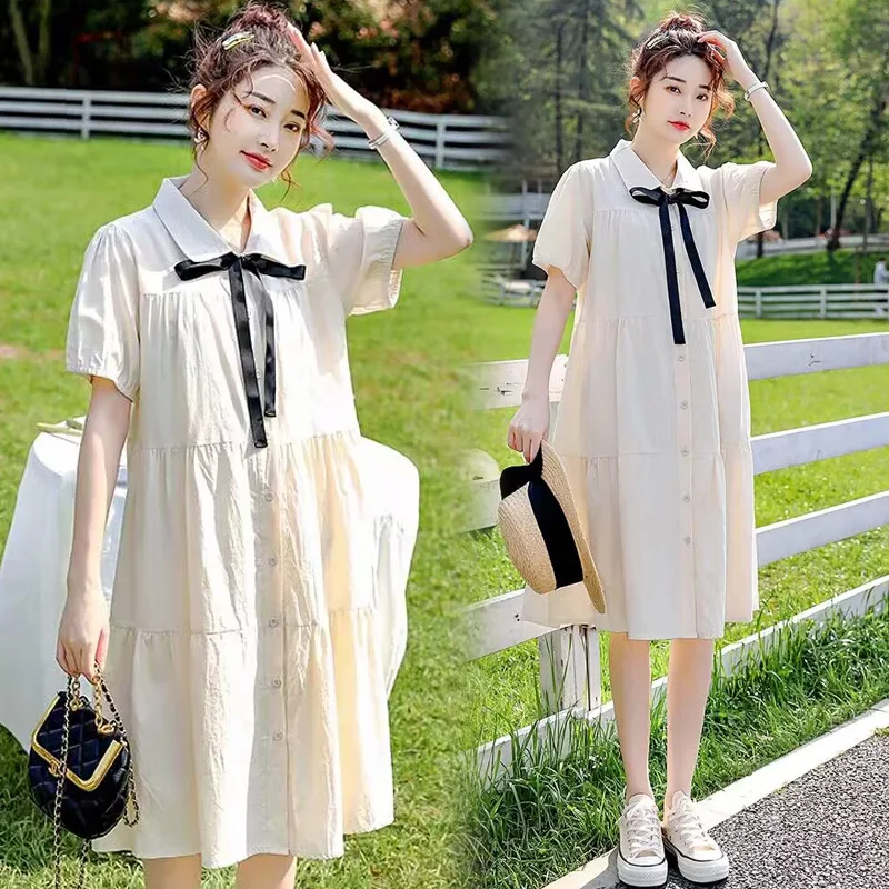 2025 Summer Korean Fashion Cotton Maternity Long Dress Elegant Casual Loose Clothes for Pregnant Women Sweet Pregnancy