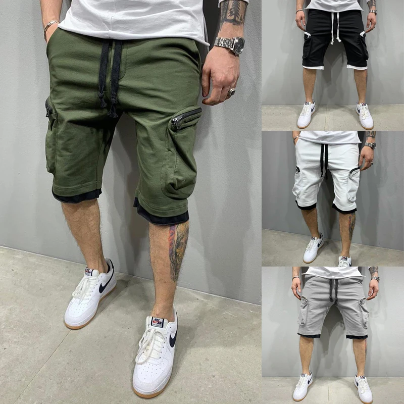 Pantalones cortos de algodón para hombre, doble bolsillo con cremallera de Pantalón Cargo, estilo Hip-Hop, informal, deportivo, Fitness, cinco puntos