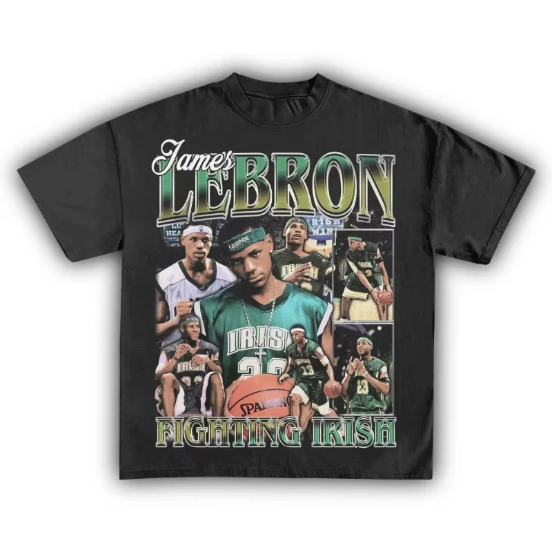 LeBron James Fighting Irish Graphic Cotton T-shirt Women Unisex Fans Essentials Short Sleeve Retro Top Summer Fashion Luxury Tee