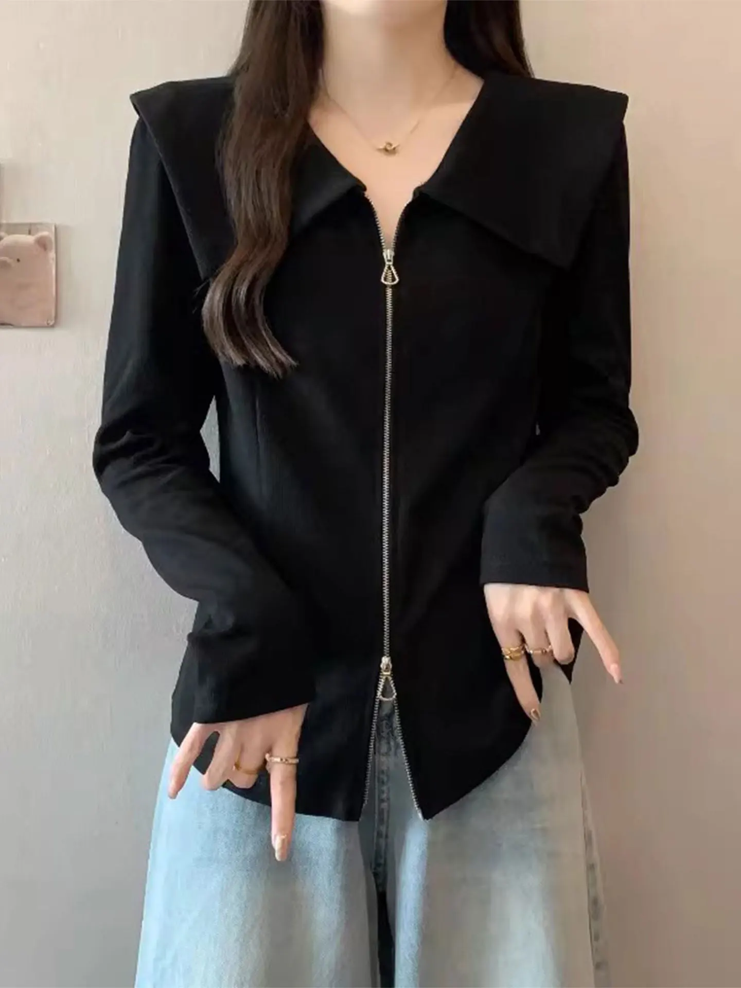 

Женская базовая кофта Slim Fit с длинным рукавом, широким воротником, больших размеров, весна 2026, с двойной молнией, повседневная одежда