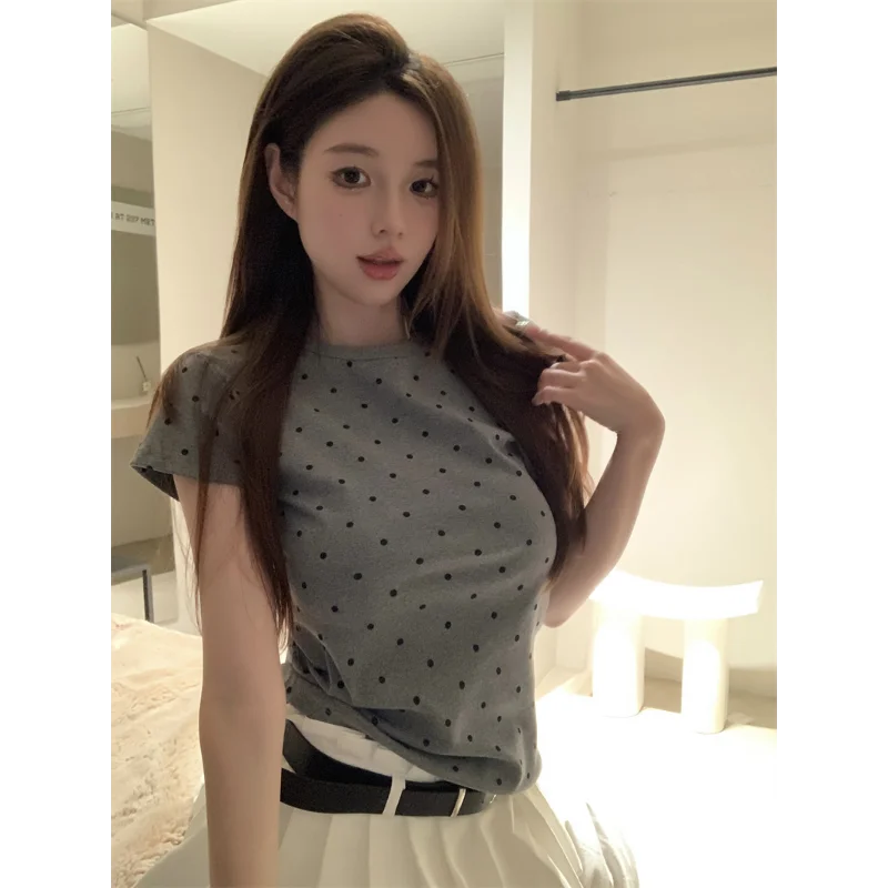 Frau Kleidung Kurzarm T-shirt Slim Fit Tops Weibliche Oansatz Dot Print T-shirts Straße Tragen 2025, Neue Harajuku Stil Crop Top