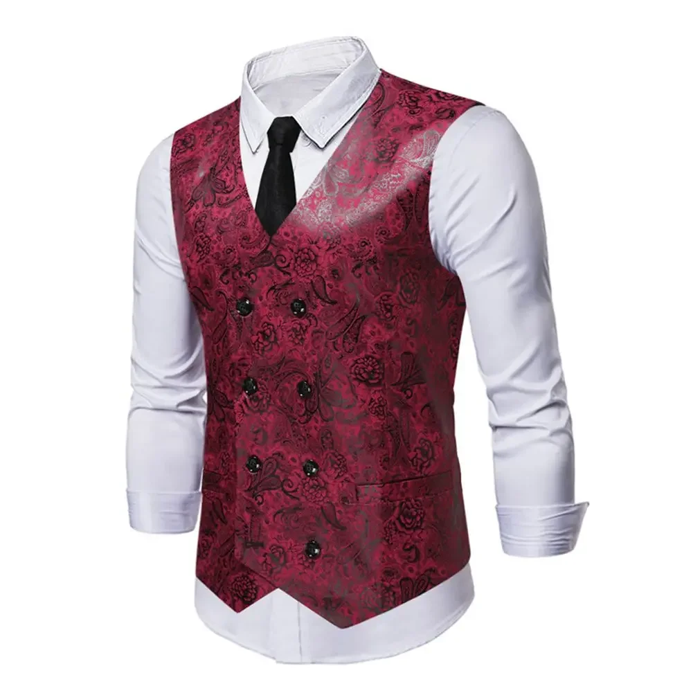 Comfy Fashion Mens Male Suit Vest Paisley Pattern Retro Sleeveless Slight Stretch V-Neck Wedding Casual Spring