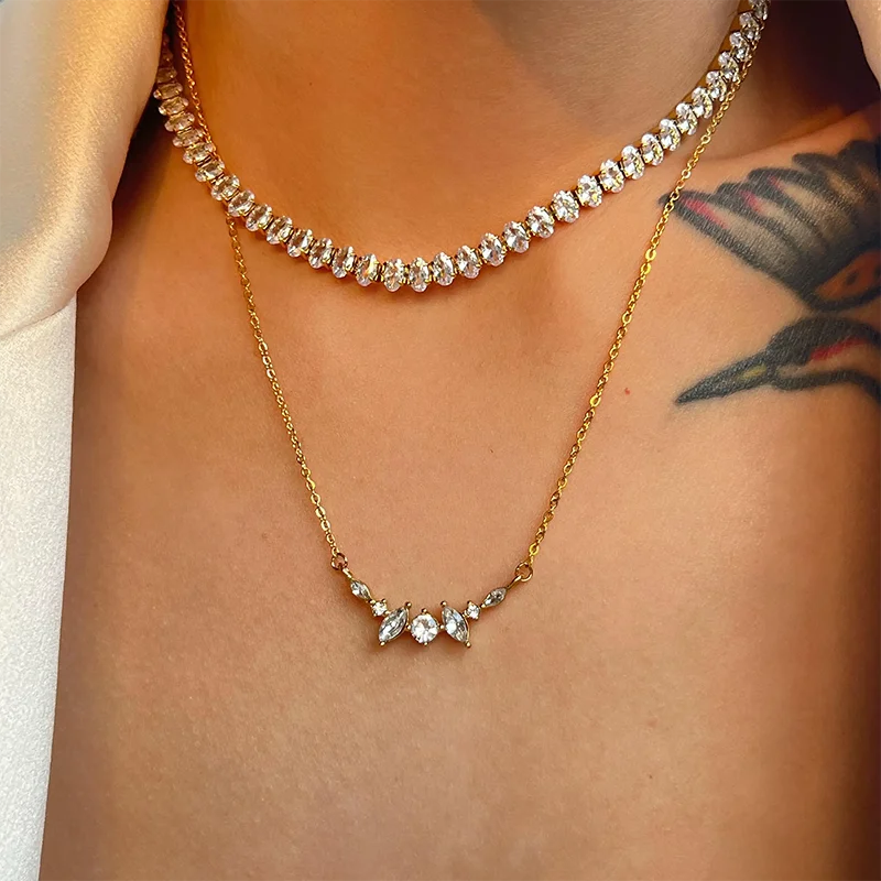 Oval cz stone tennis chain necklaces stainless steel necklaces for women minimalist dainty stainless steel non tarnish