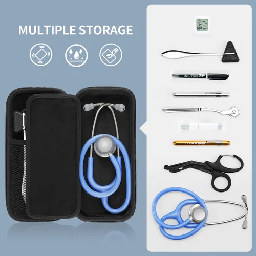 Imagen 2 del producto Estuche de estetoscopio de PU resistente al agua a prueba de golpes, organizador de viaje con doble cremallera con forro antiestático, multicompartimento y mosquetón