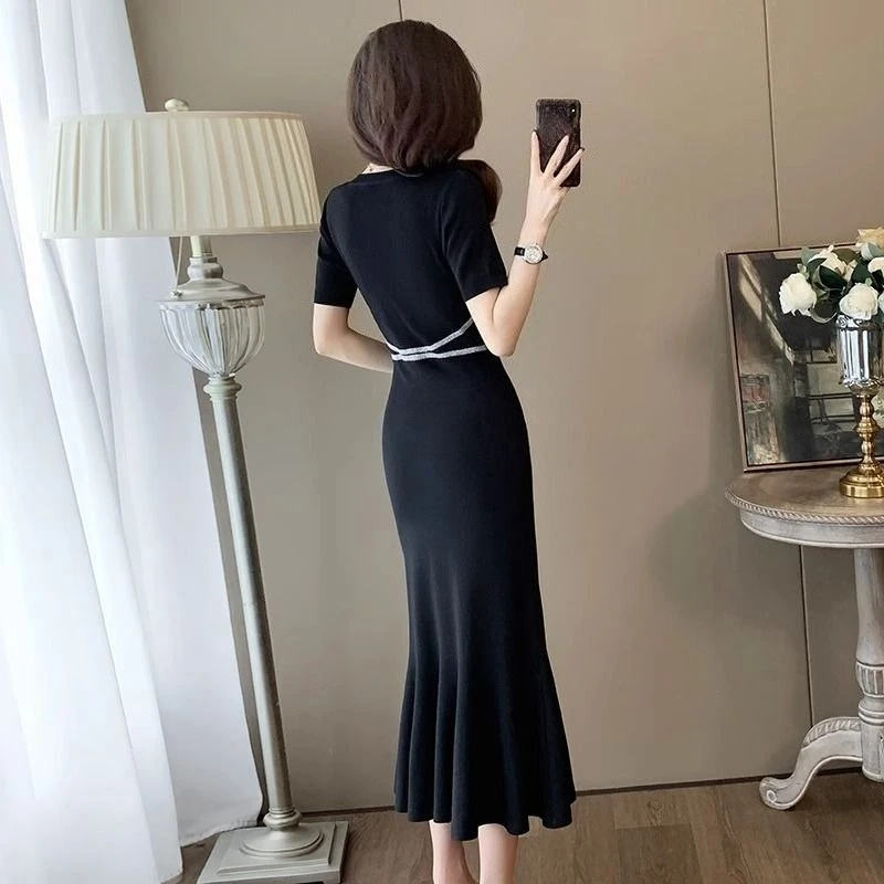 

​ Офисное платье для женщин, летнее, тонкое, с круглым вырезом, коротким рукавом, облегающее, с юбкой-русалкой, средней длины, в деловом стиле ​