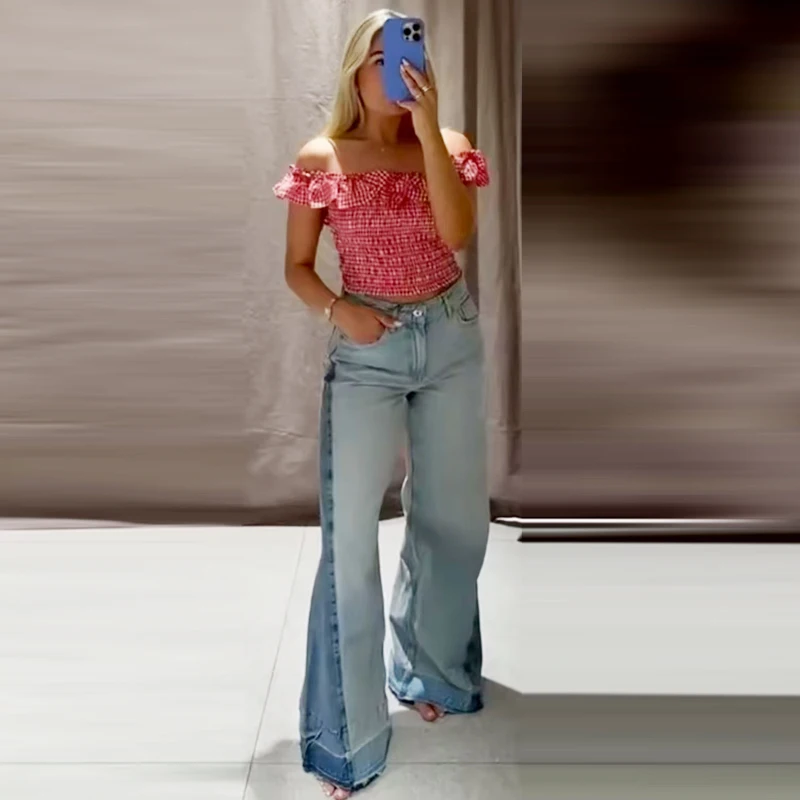 HXAO Luźne Jeansy Damskie Spodnie Jesień 2025 Oversize'owe Szerokie Jeansy Plus Size z Wysokim Stanem, Łączone Spodnie, Spodnie Streetwear