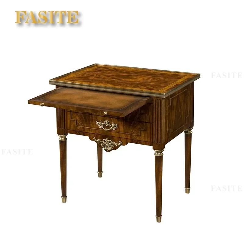 For English Neoclassical Living Room Corner Solid Wood Carved Flower Copper Accent Table Bedroom Bedside Villa Edge Furniture