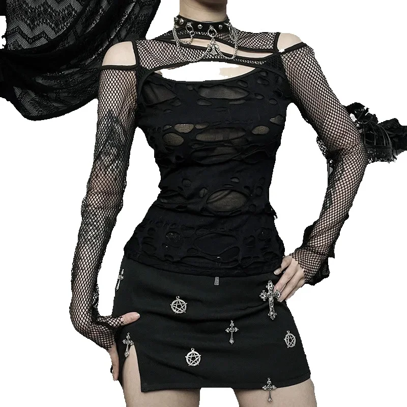 Gothic ตาข่ายแขนยาวเสื้อยืดผู้หญิง Mock คอ SLIM FIT Fishnet SHEER เสื้อ Y2k ตัด RAVE เสื้อดูผ่าน TOP