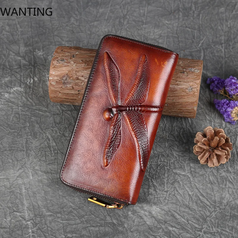 

Genuine Leather Long Wallet For Women Purse ID/Credit Card Cash Holder Dragonfly Retro Designer Female Cowhide Money Clutch Bag
