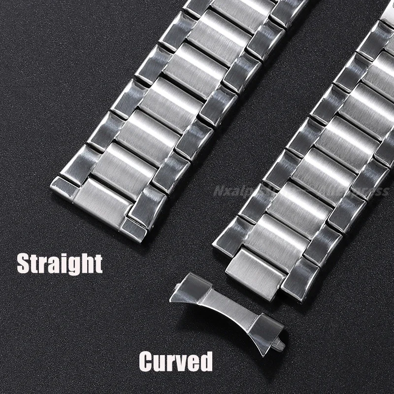 22mm Curved Stainless Steel Strap Universal Wristband Arc/Straight End Watch Band Folding Buckle Men Women Replacement Bracelet