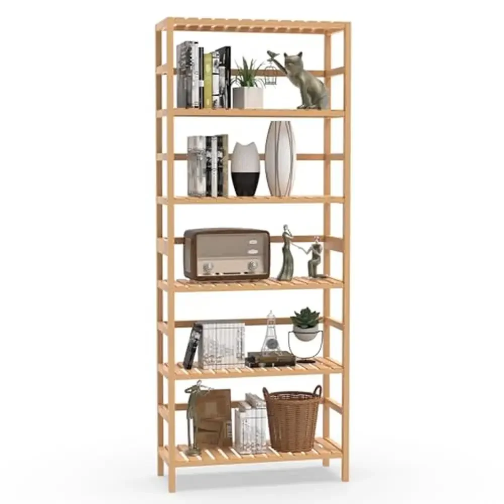 

Adjustable Bamboo Bookshelf Storage Organizer 6 Tier Tall Free Standing Shelving Unit Living Room Kitchen Dining Bathroom