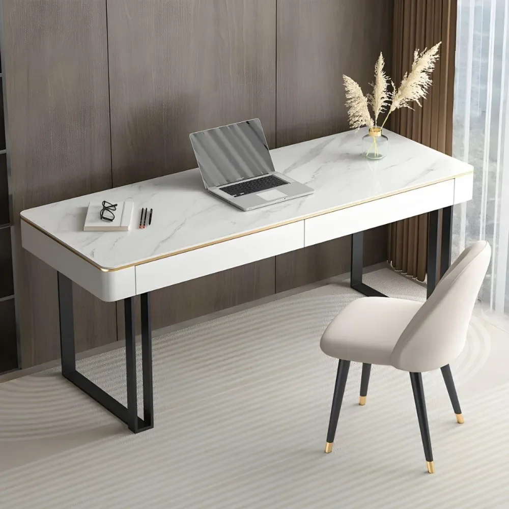 Mesa de escritório de pedra de ardósia com 2 gavetas Mesa de escrita moderna - Mesa apenas a mesa, Ouro 39,4" L X 19,7" L X 29,5" H |