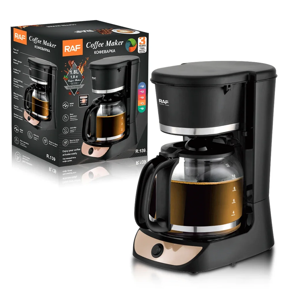 

RAF Wholesale 1.8L Electric Black Anti-drip Coffee Makers High Quality Easy on/off Switch Removable Filter Home Use