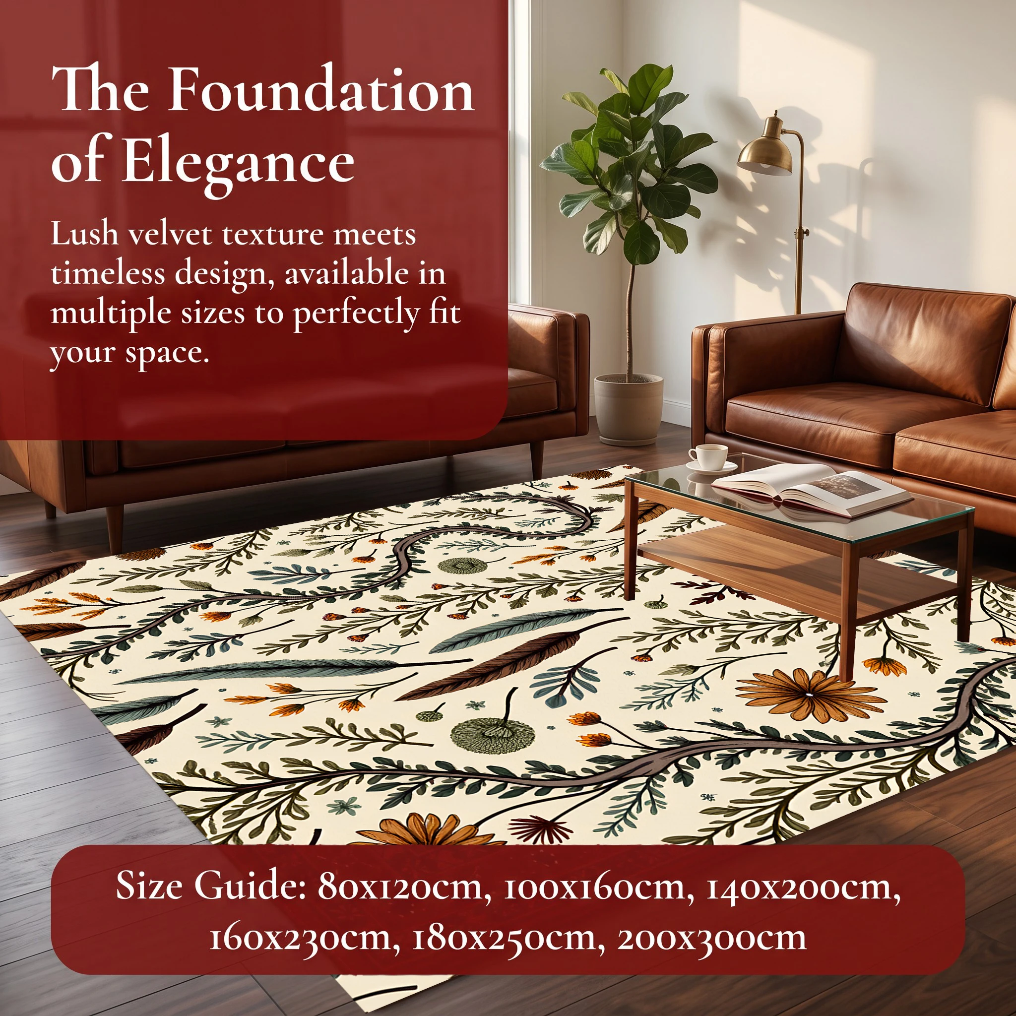 Warm-Toned Autumn Floral and Leaf Print Retro Forest-Style Velvet Rug, Suitable for Bedrooms and Living Rooms, Creating a Soft and Warm Autumn Harvest Atmosphere