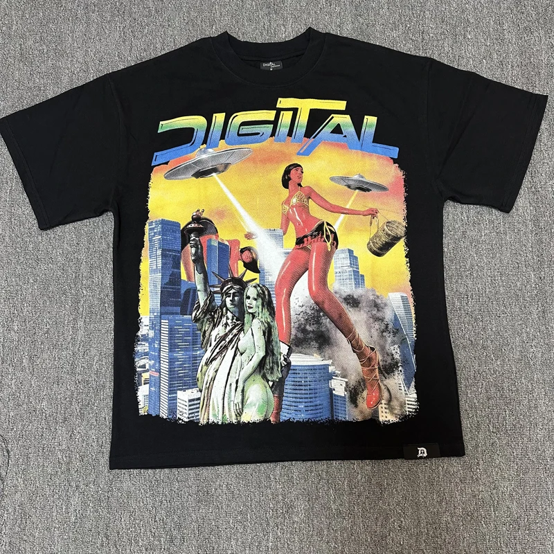 American Retro Streetwear Hip Hop DIGITAL Tee Double Side Print Gradient Rhinestone Unisex Cotton T-shirts
