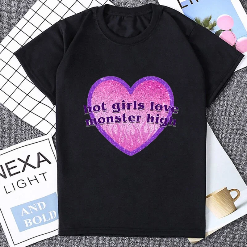 Kawaii Draculaura franky Stein clawdin Wolf T-Shirt Hot Girls Love Monster High Pink Heart Graphic T Shirt Fashion Casual Tees