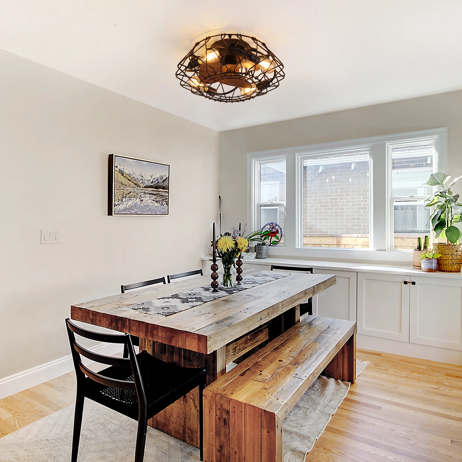 Black Cage Style Ceiling Fan Light 20 Inch Farmhouse Remote Control Industrial Retro Style Indoor Outdoor Fan Light Fixture