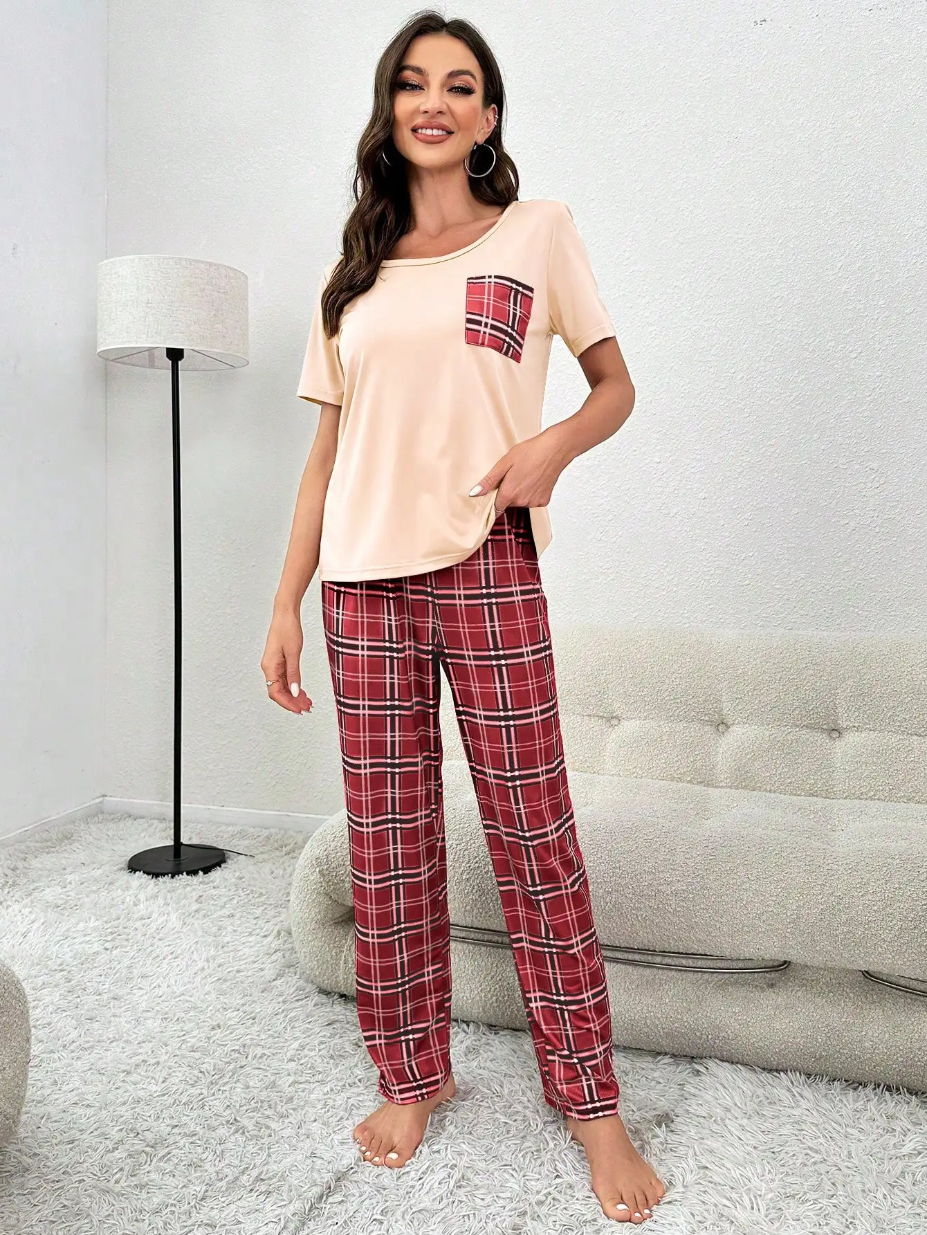 New women\'s pajamas red plaid short-sleeved plaid trousers two-piece elegant casual home outfit