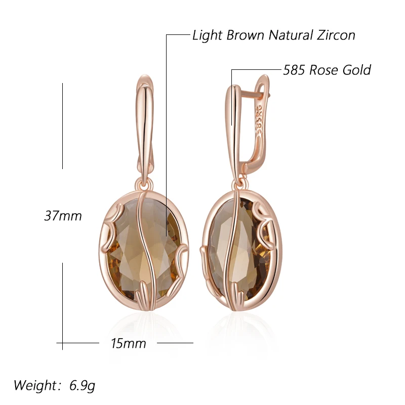 Kinel Hot Shiny Brown Big Oval Natural Zircon Drop Earrings for Women Unique 585 Rose Gold Color High Quality Daily Fine Jewelry